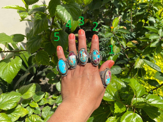 Large Adjustable Two-Tone Natural Turquoise with Spiny Oyster Ring | Silver Overlay Brass Bohemian Fashion Ring, Hammered Protection Jewelry: #1- Ring