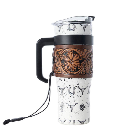 Westmark Tooled Western Tumbler in White Stainless Steel with Leather Wrap and Handle for Use: WITHOUT TOOLING