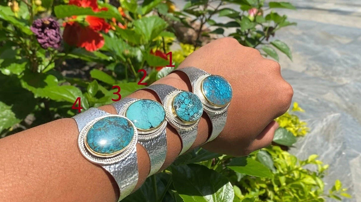 Adjustable Turquoise Natural Stone Wide Band Cuff, Brushed Gold with Silver Overlay, Hammered Bracelet, Wide Cuff, Handcrafted Jewelry.: #2- Cuff