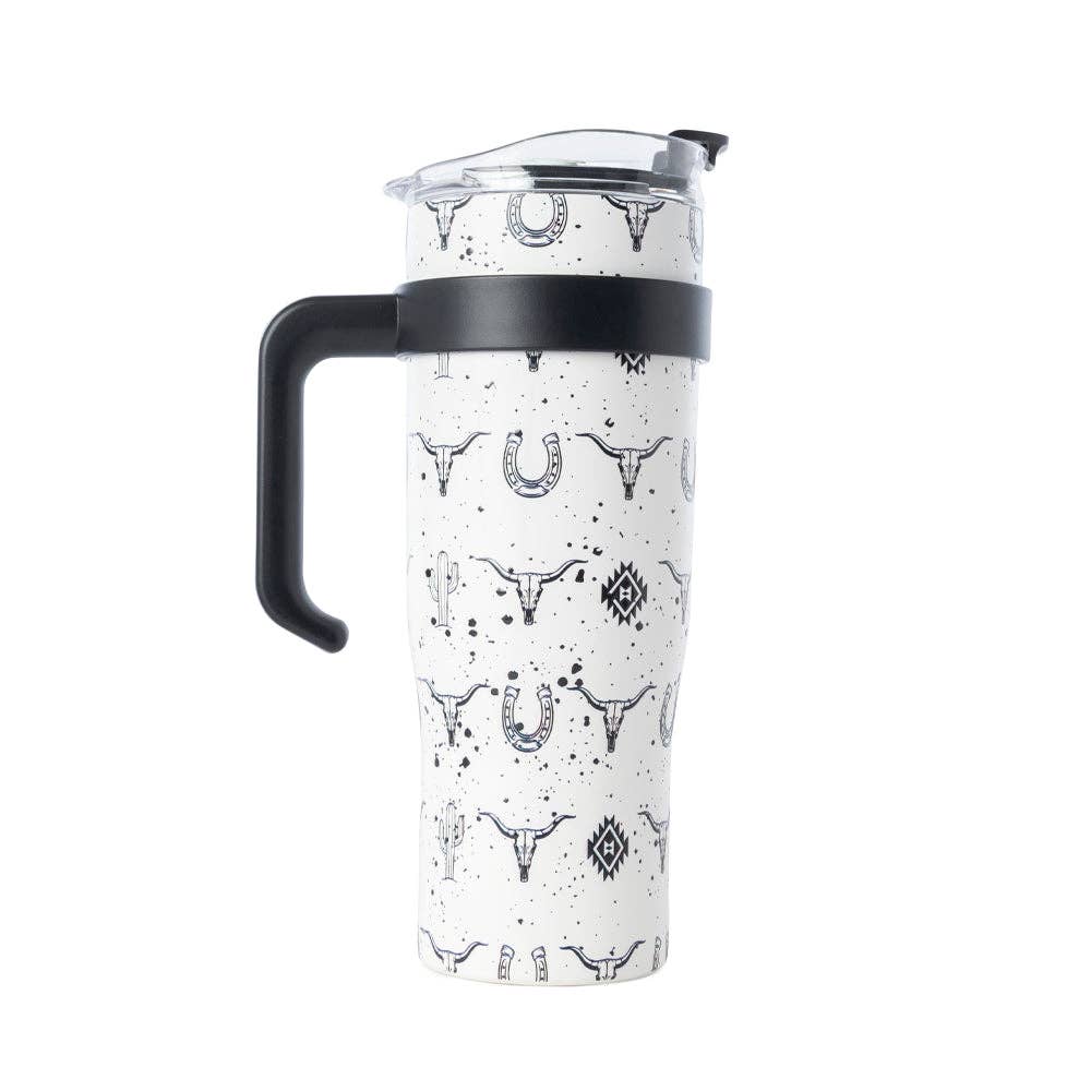 Westmark Tooled Western Tumbler in White Stainless Steel with Leather Wrap and Handle for Use: WITH TOOLING