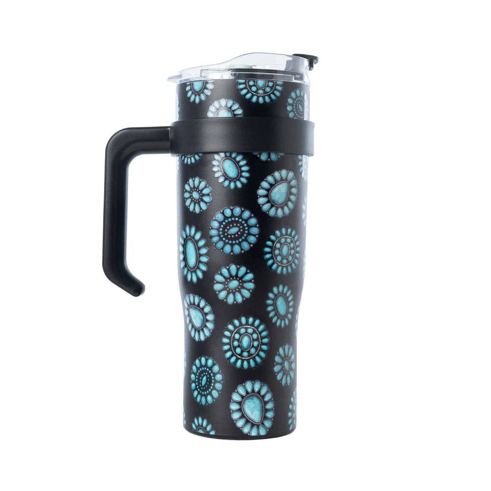 Concho Crest Western Tooled Tumbler in Black Stainless Steel with Leather Wrap and Handle: WITH TOOLING