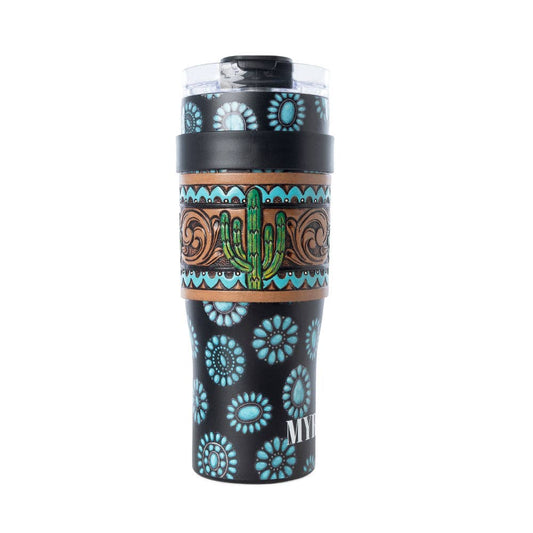Concho Crest Western Tooled Tumbler in Black Stainless Steel with Leather Wrap and Handle: WITH TOOLING