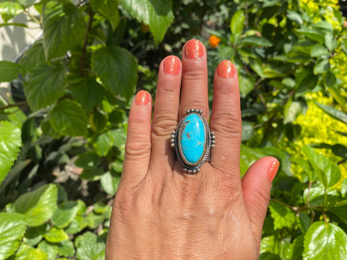 Large Adjustable Two-Tone Natural Turquoise with Spiny Oyster Ring | Silver Overlay Brass Bohemian Fashion Ring, Hammered Protection Jewelry: #1- Ring