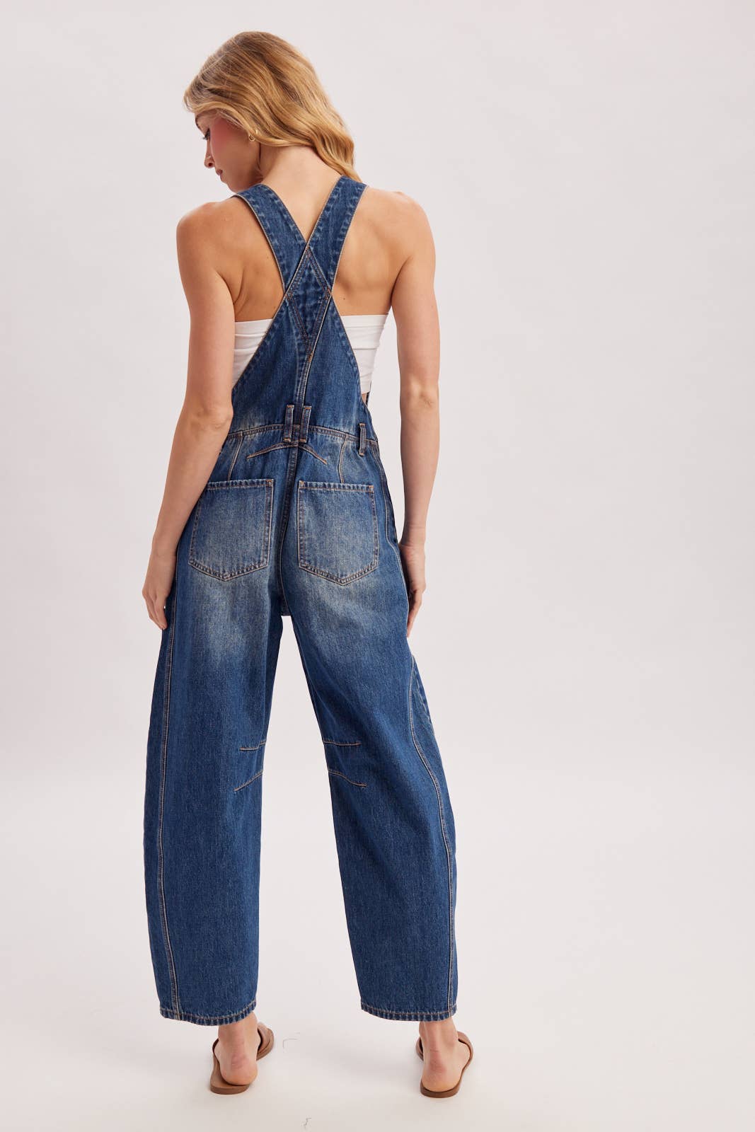 DENIM BARREL OVERALLS: MED.WASH / L