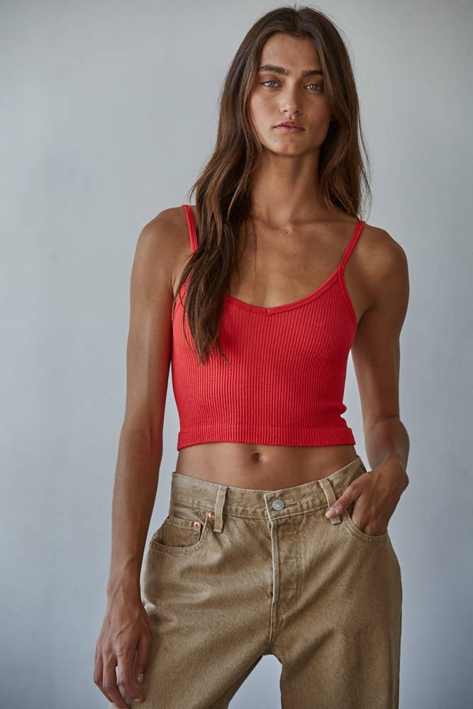 S1072 | Knit Ribbed Seamless UV Neck Brami: Black / SM