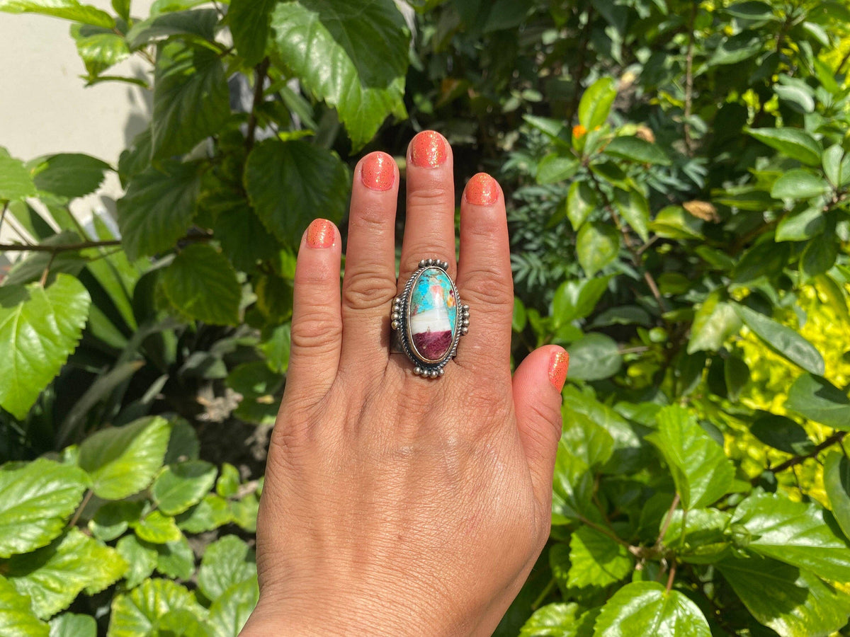 Large Adjustable Two-Tone Natural Turquoise with Spiny Oyster Ring | Silver Overlay Brass Bohemian Fashion Ring, Hammered Protection Jewelry: #1- Ring