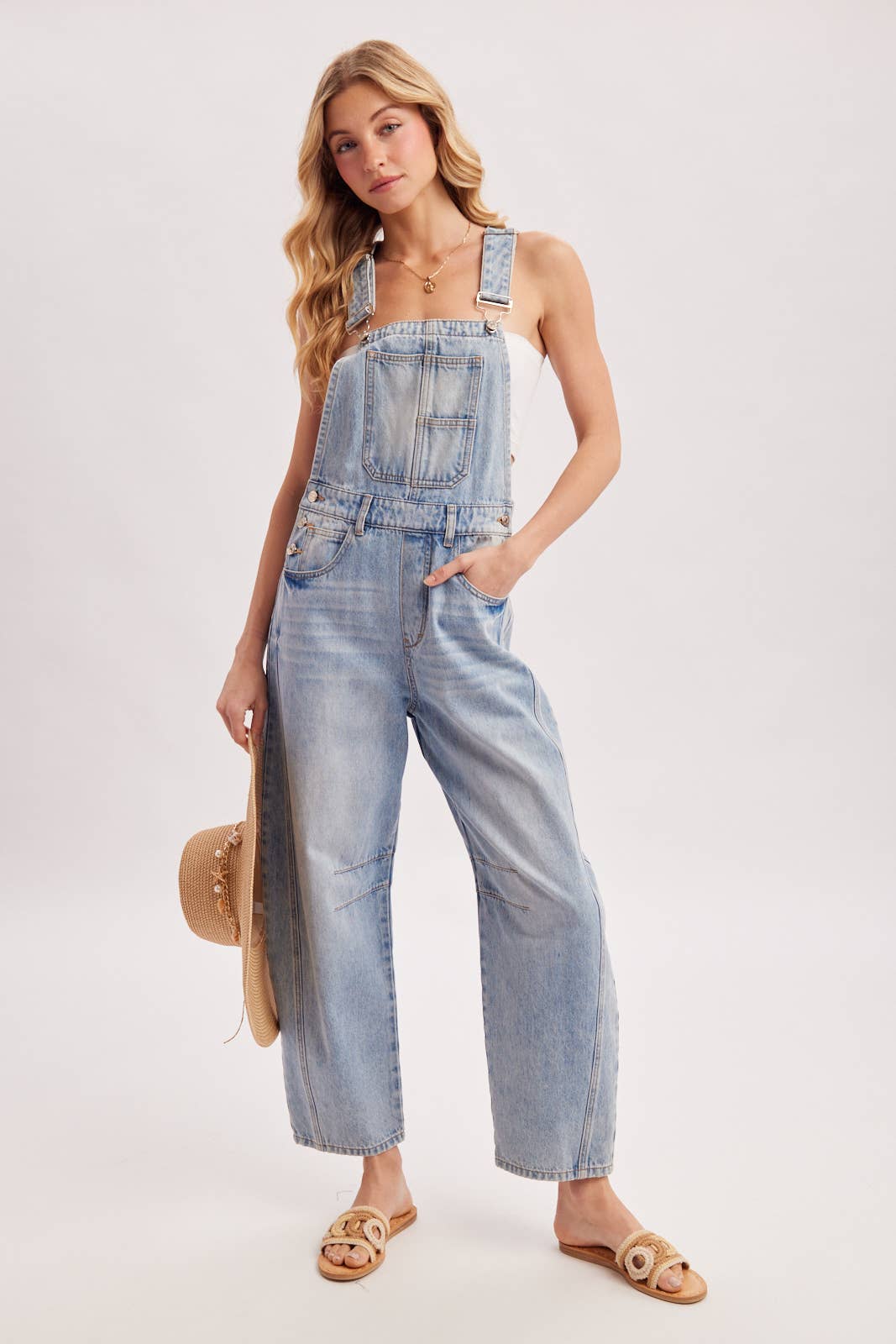 DENIM BARREL OVERALLS: MED.WASH / L