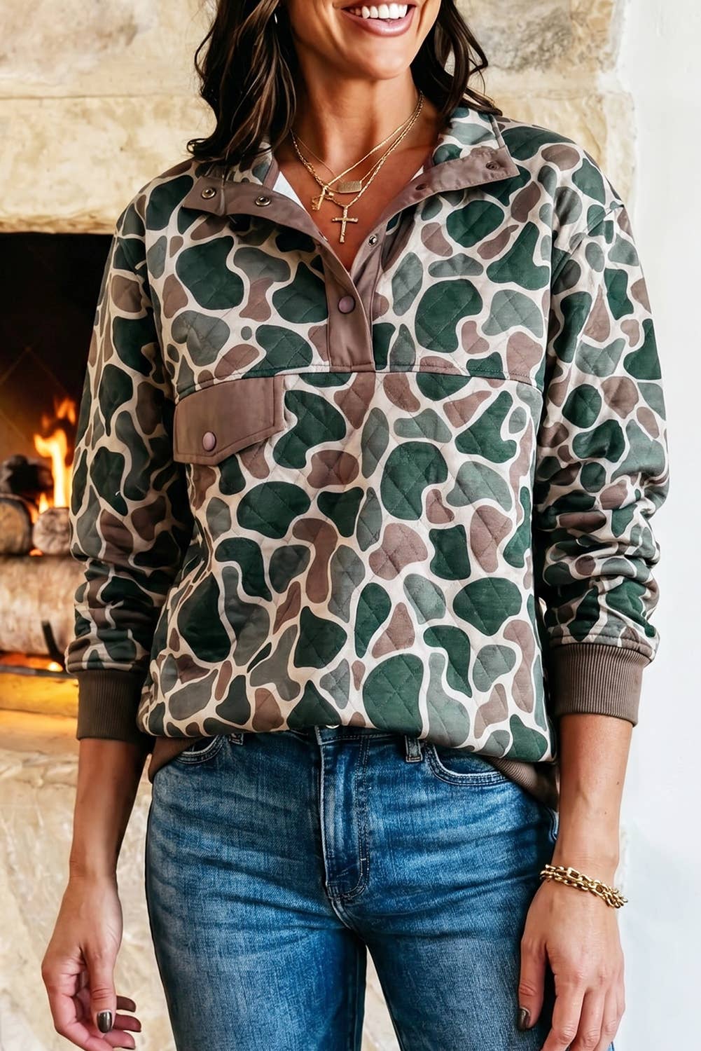 Western Camo Pullover Long Sleeve Stand Neck Sweatshirt*S-4X: Multicolour / Missy / L