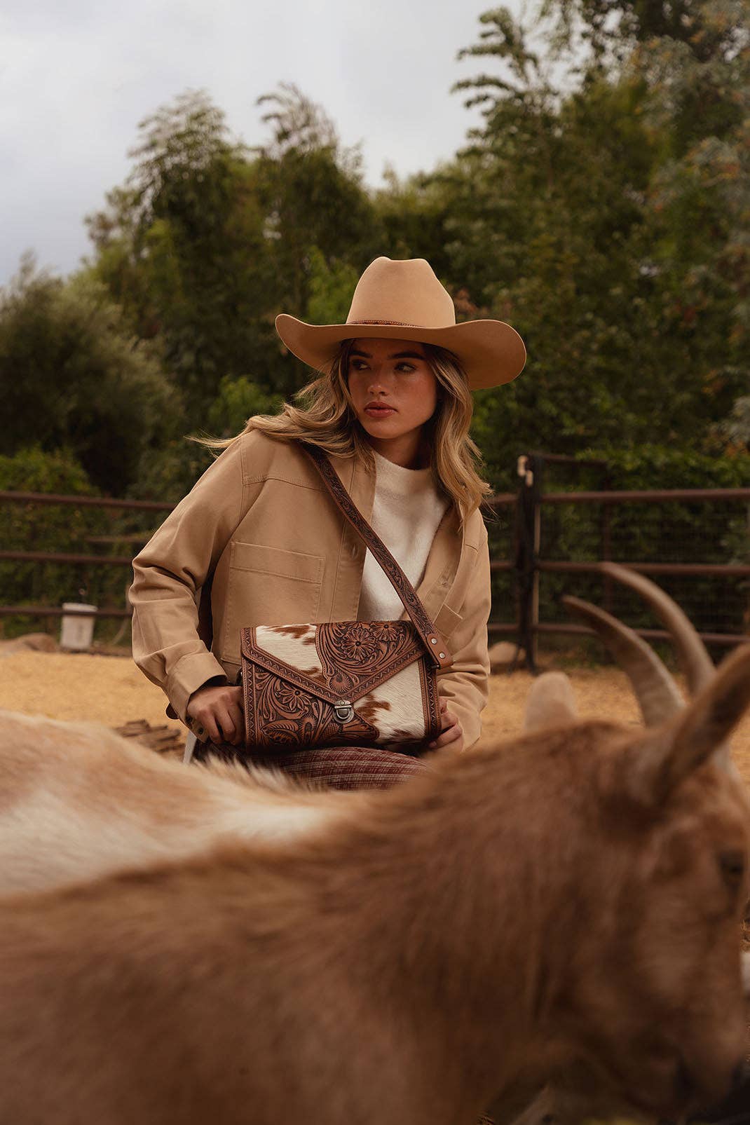 Circe Hand Tooled Bag for Women in tan with hairon: Tan
