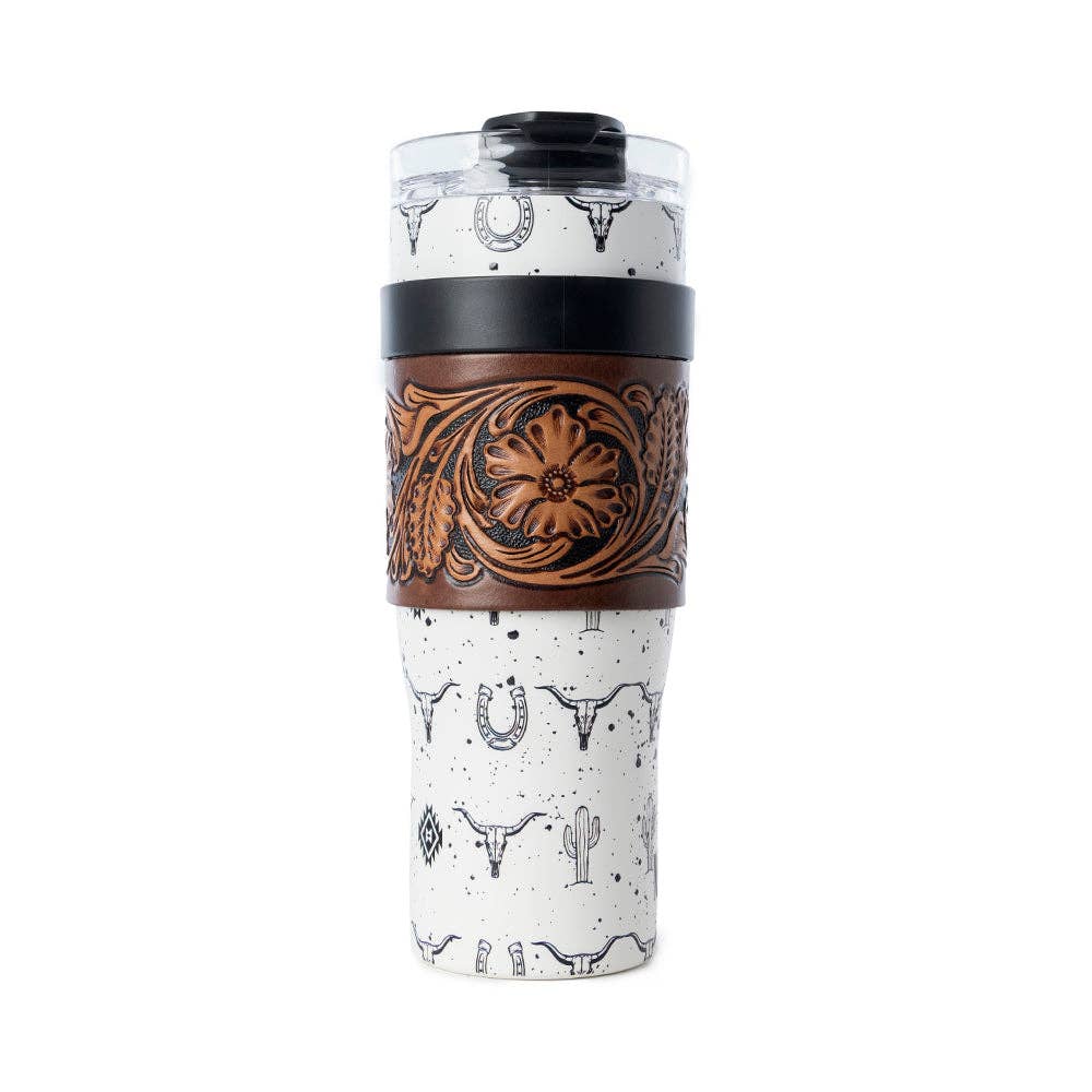 Westmark Tooled Western Tumbler in White Stainless Steel with Leather Wrap and Handle for Use: WITHOUT TOOLING