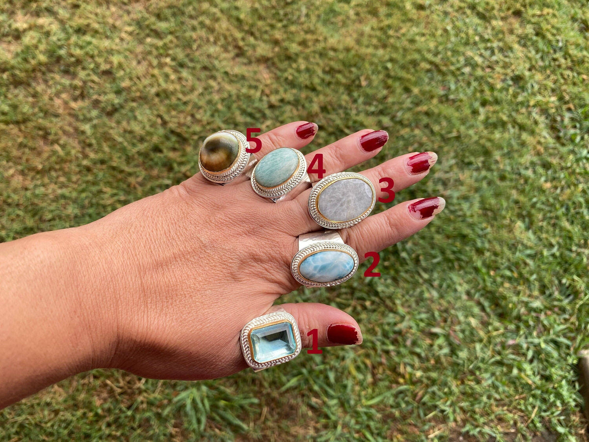 Two Tone Adjustable Gemstone Ring, Gold & Silver Overlay Ring, Statement Ring, Women's Ring, Birthday Gift, One of a Kind Jewelry: # 4 - Amazonite