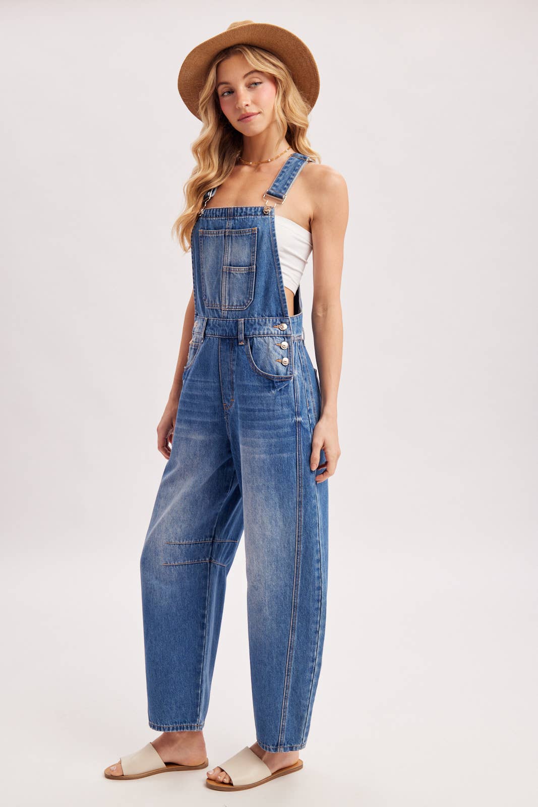 DENIM BARREL OVERALLS: MED.WASH / L