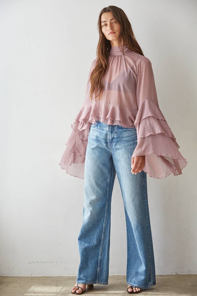 L9717 | Woven Polyester Chiffon See Through Top : Black / L