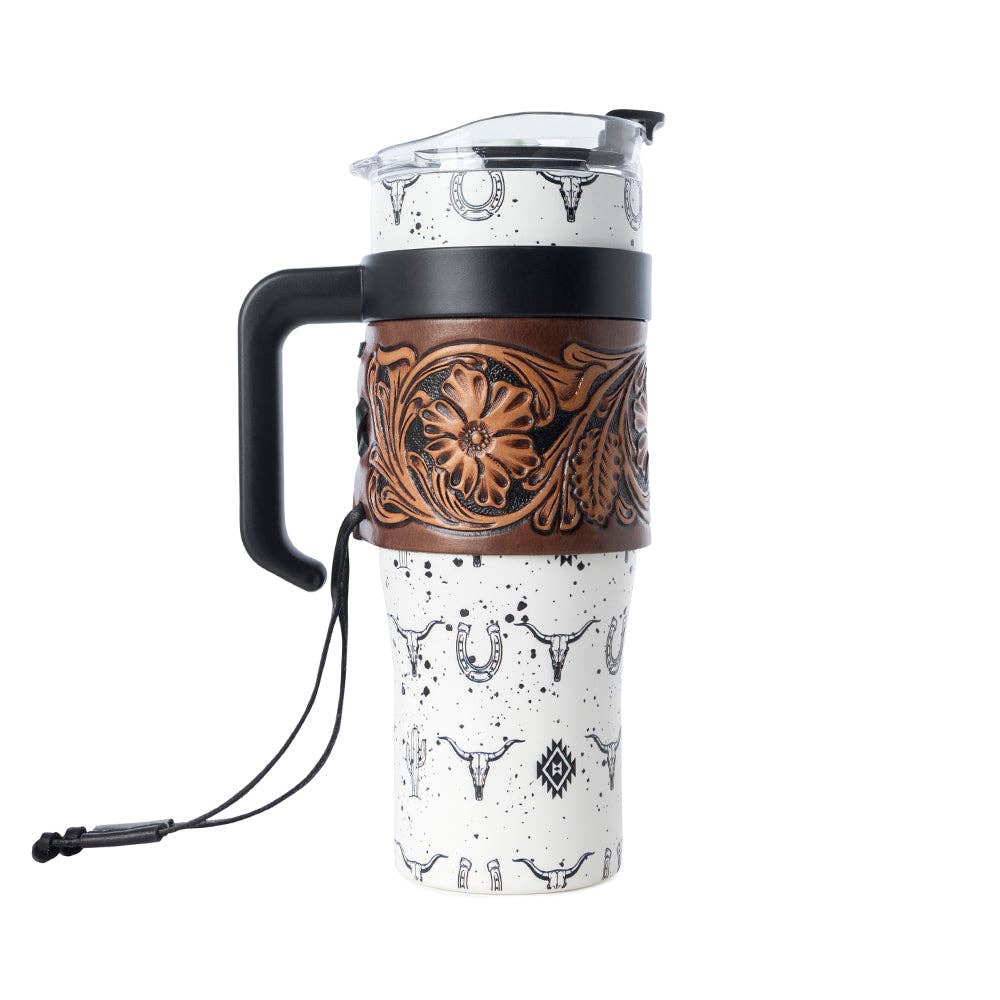 Westmark Tooled Western Tumbler in White Stainless Steel with Leather Wrap and Handle for Use: WITH TOOLING