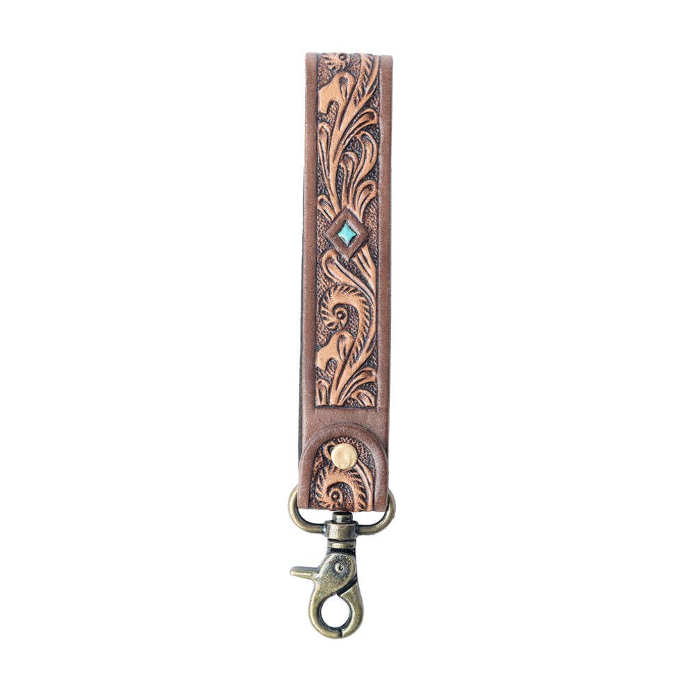 Spirit Stone Handtooled Leather Keyfob in Mahogany Brown: Mahogany Brown