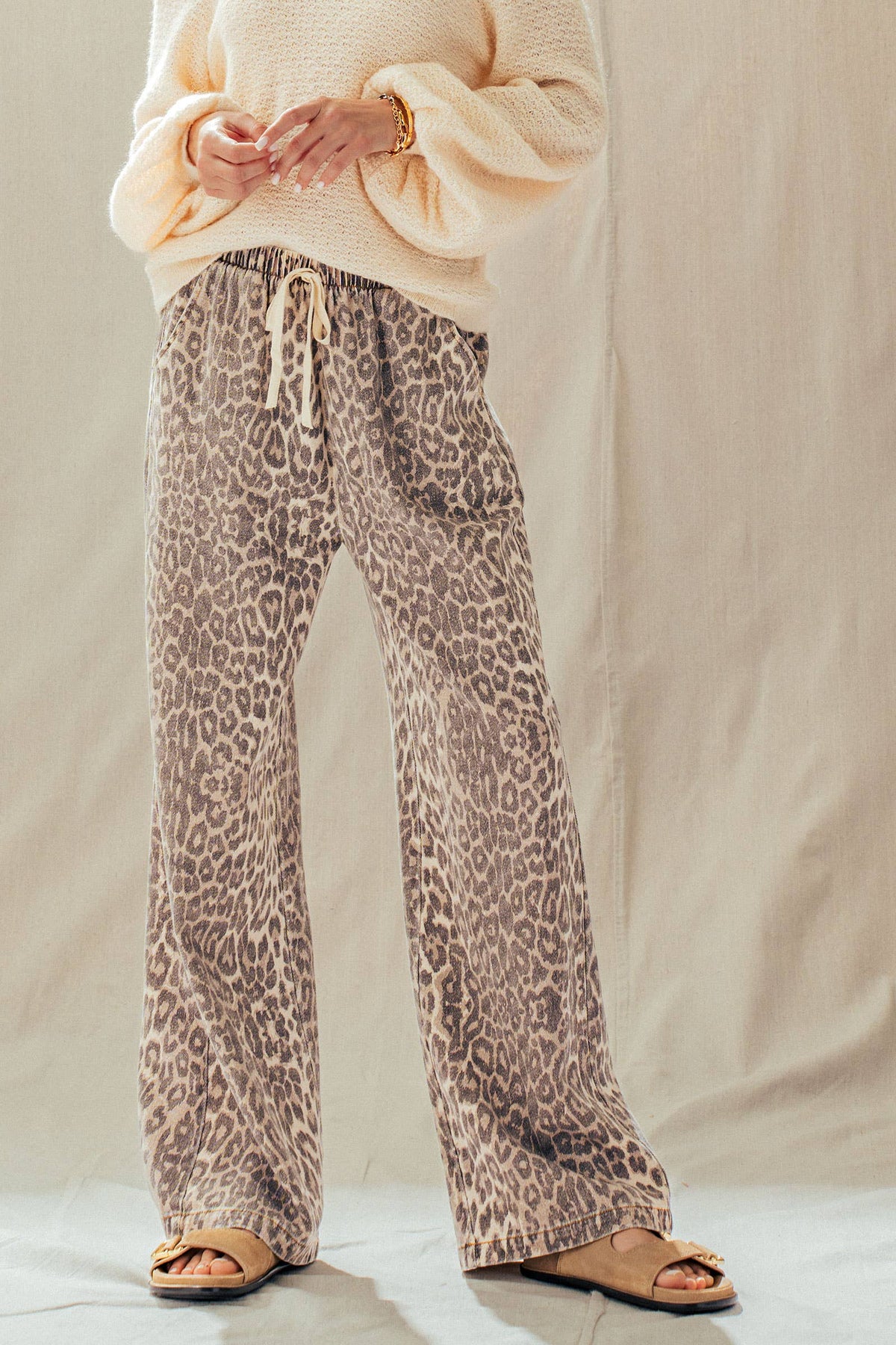 Leopard Print Wide Leg Cotton Pants Drawstring: LEOPARD / S-M-L:2-2-2