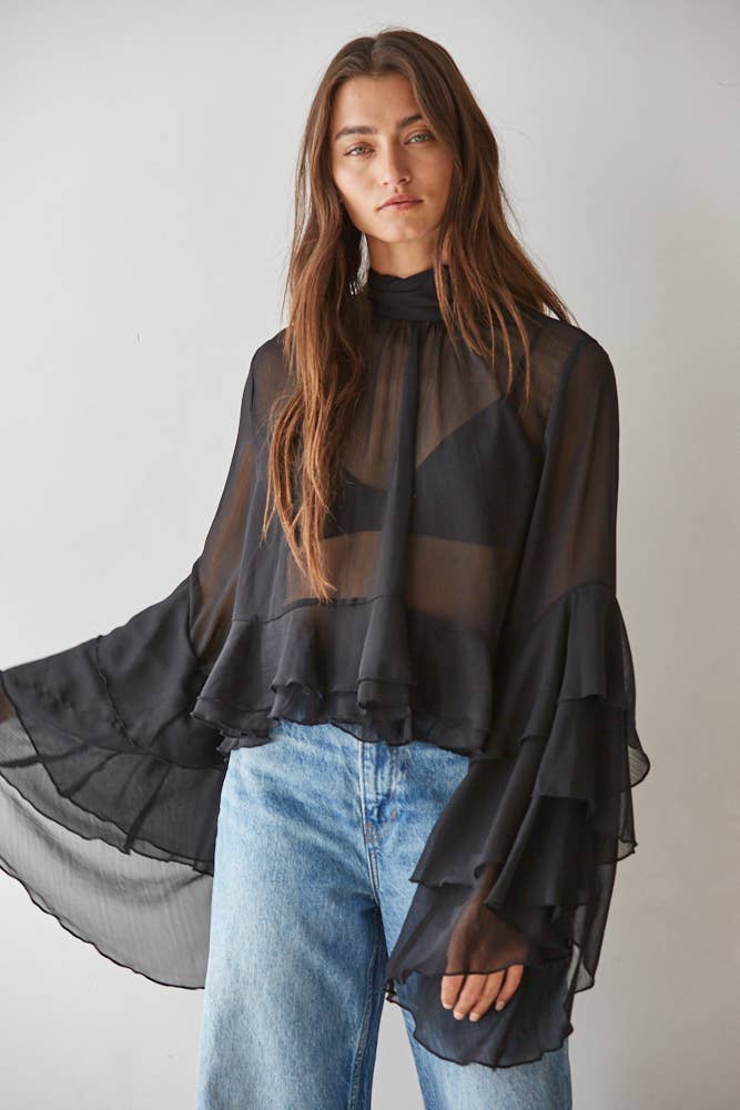 L9717 | Woven Polyester Chiffon See Through Top : Black / L