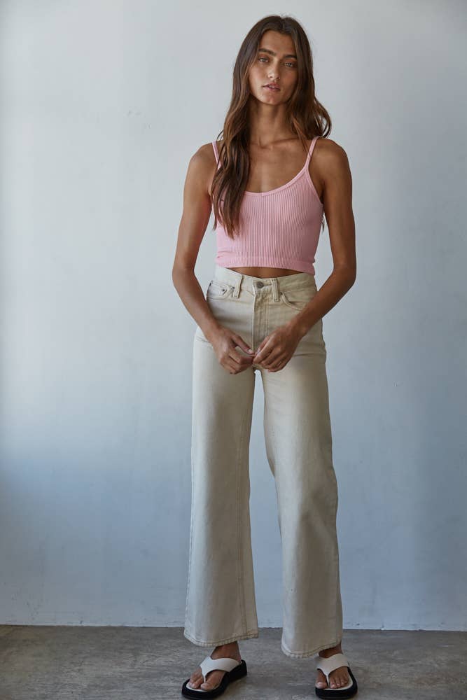 S1072 | Knit Ribbed Seamless UV Neck Brami: Cream / SM