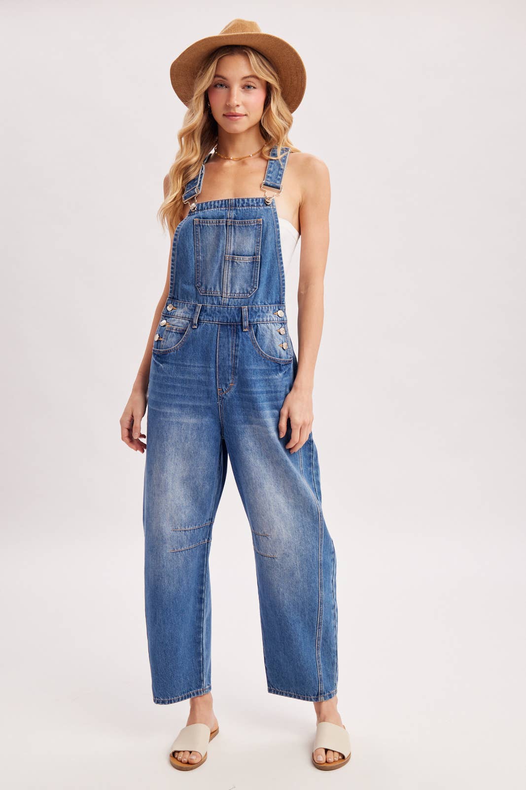 DENIM BARREL OVERALLS: MED.WASH / L