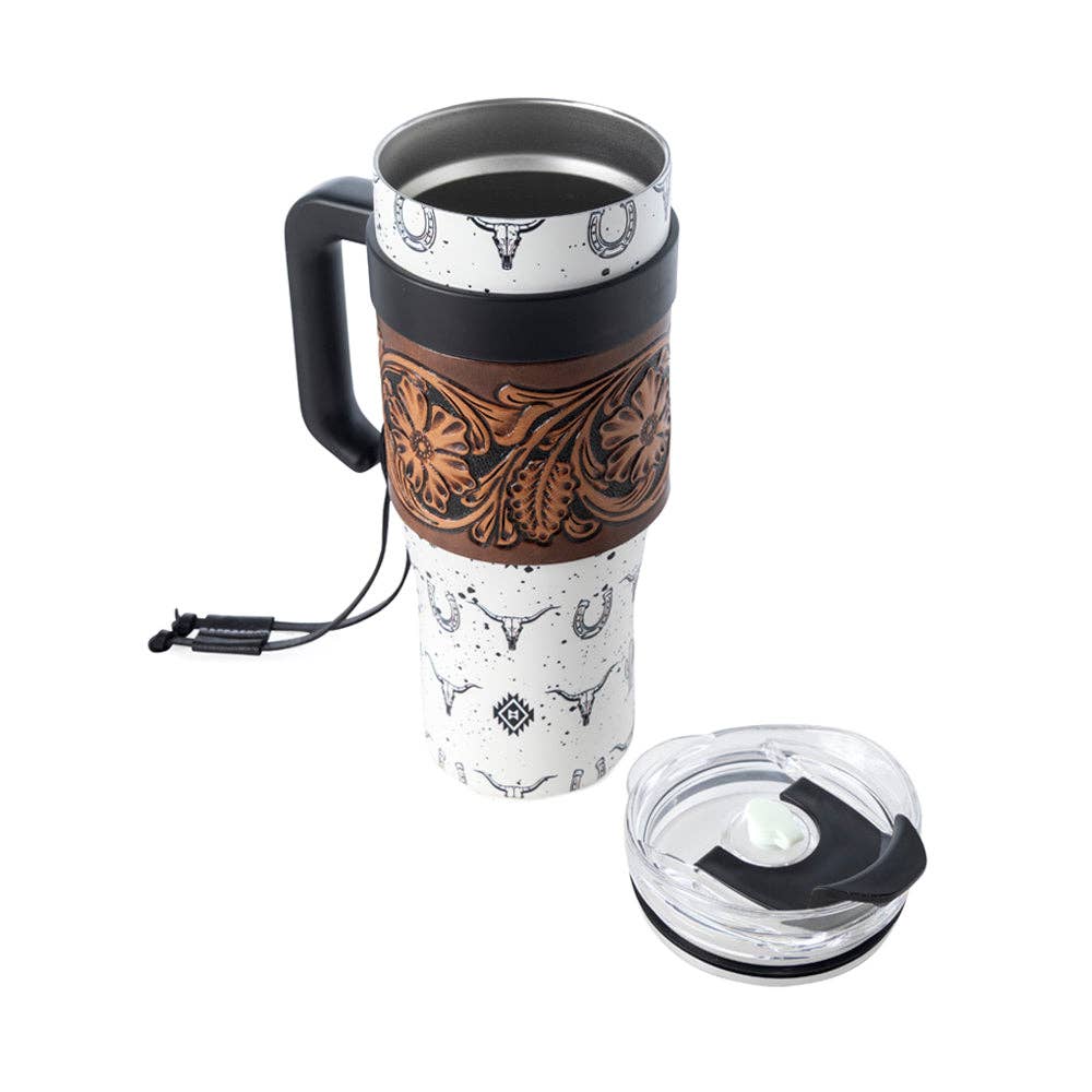 Westmark Tooled Western Tumbler in White Stainless Steel with Leather Wrap and Handle for Use: WITHOUT TOOLING