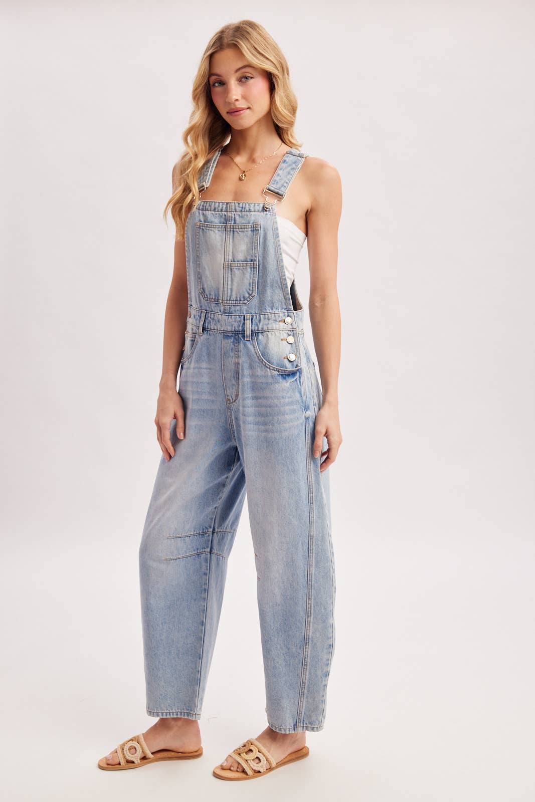 DENIM BARREL OVERALLS: MED.WASH / L