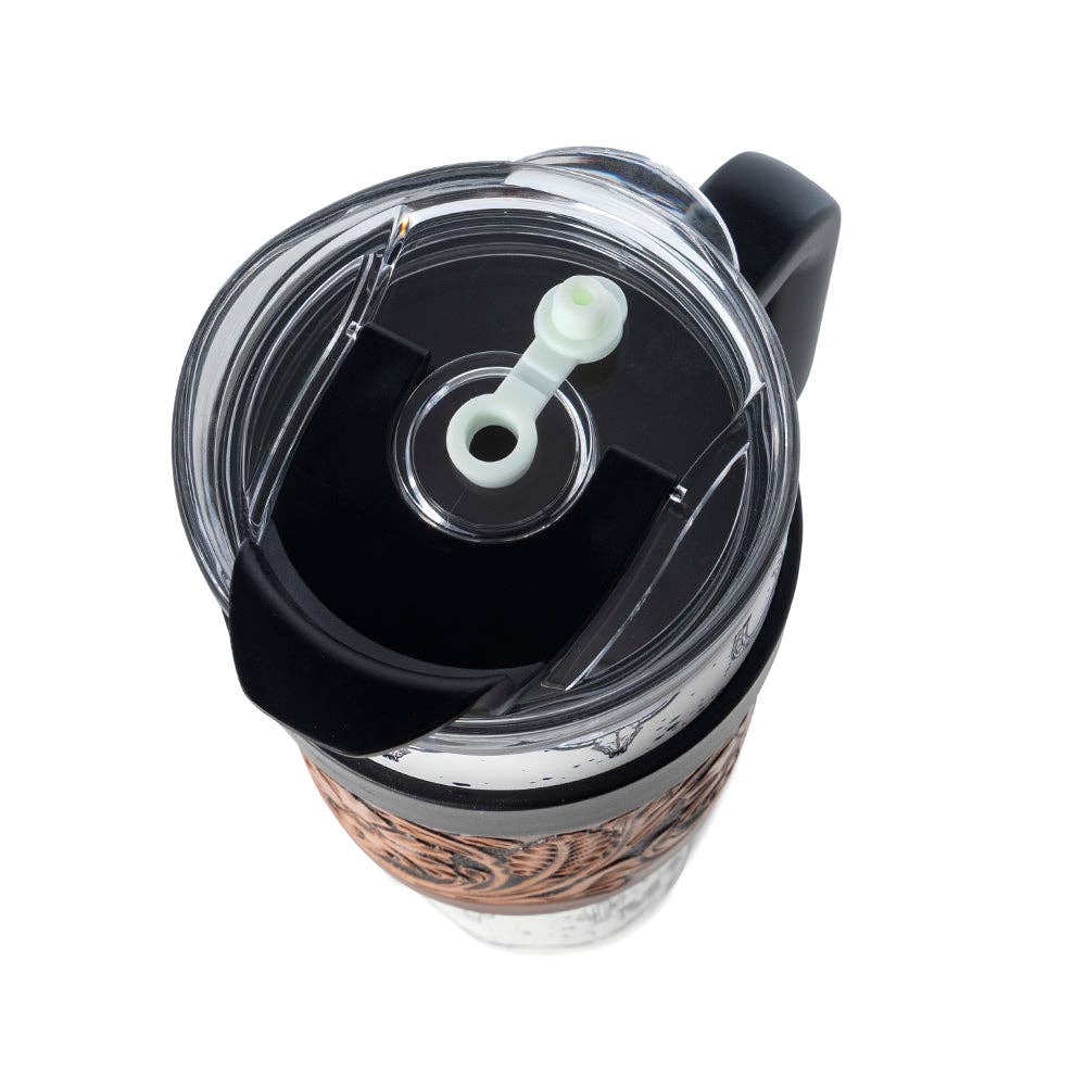 Westmark Tooled Western Tumbler in White Stainless Steel with Leather Wrap and Handle for Use: WITHOUT TOOLING