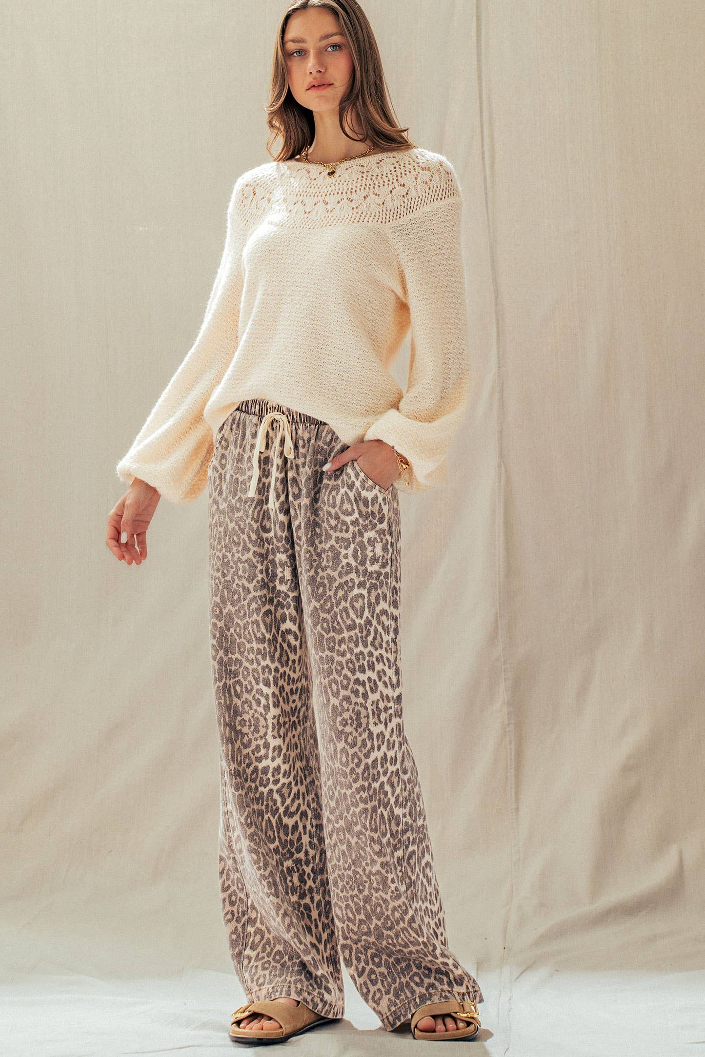 Leopard Print Wide Leg Cotton Pants Drawstring: LEOPARD / S-M-L:2-2-2