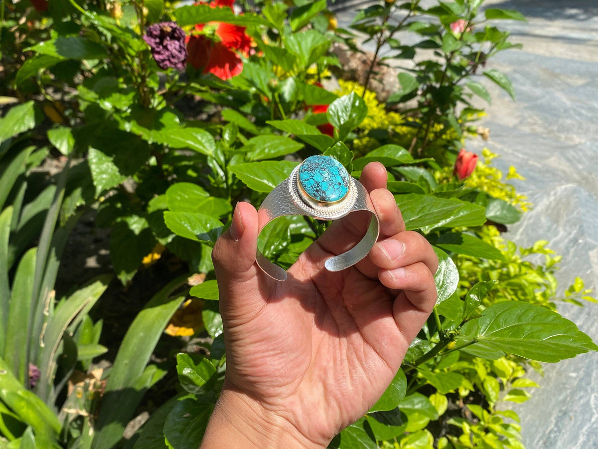 Adjustable Turquoise Natural Stone Wide Band Cuff,  Brushed Gold with Silver Overlay, Hammered Bracelet, Wide Cuff, Handcrafted Jewelry.: #2- Cuff