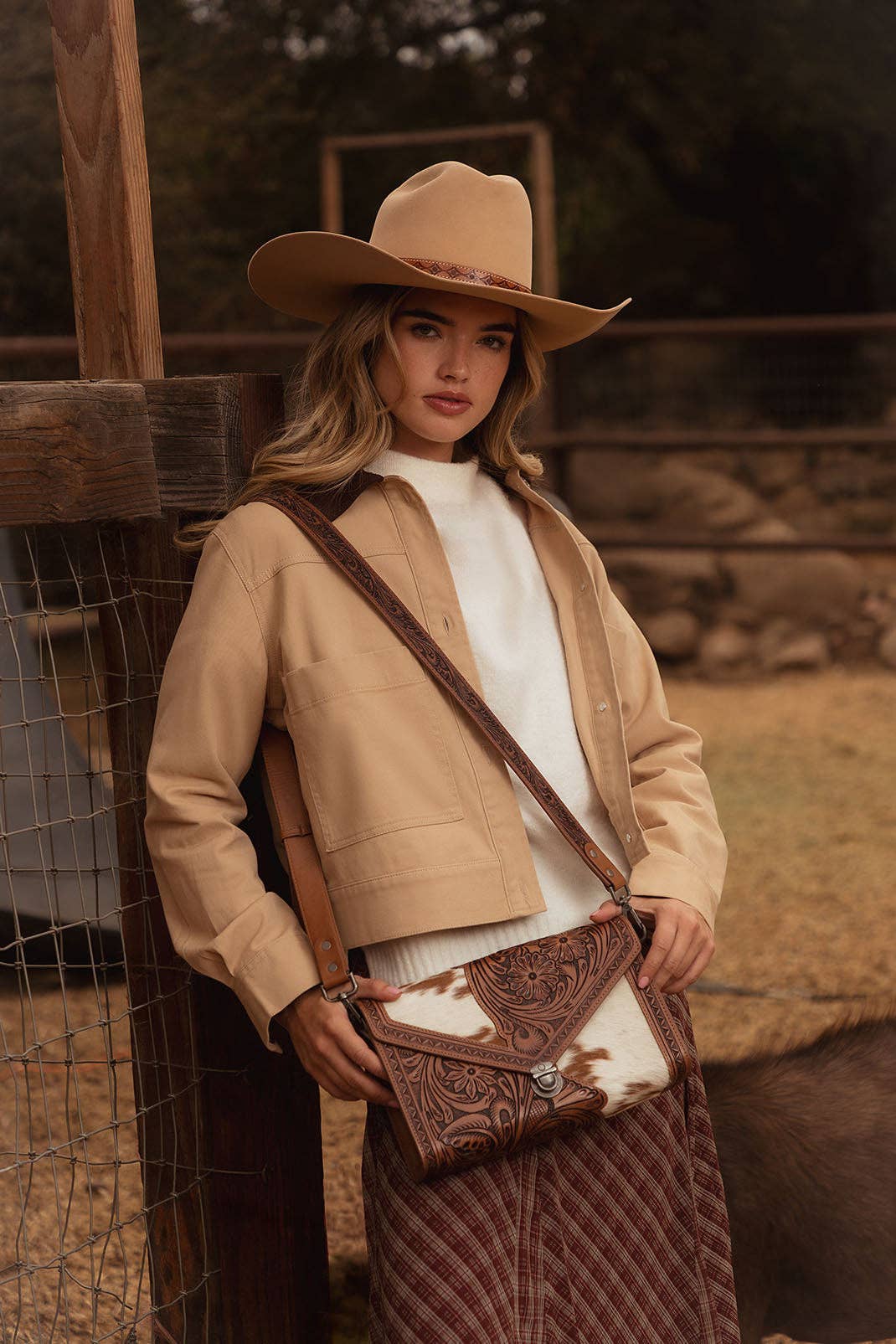 Circe Hand Tooled Bag for Women in tan with hairon: Tan