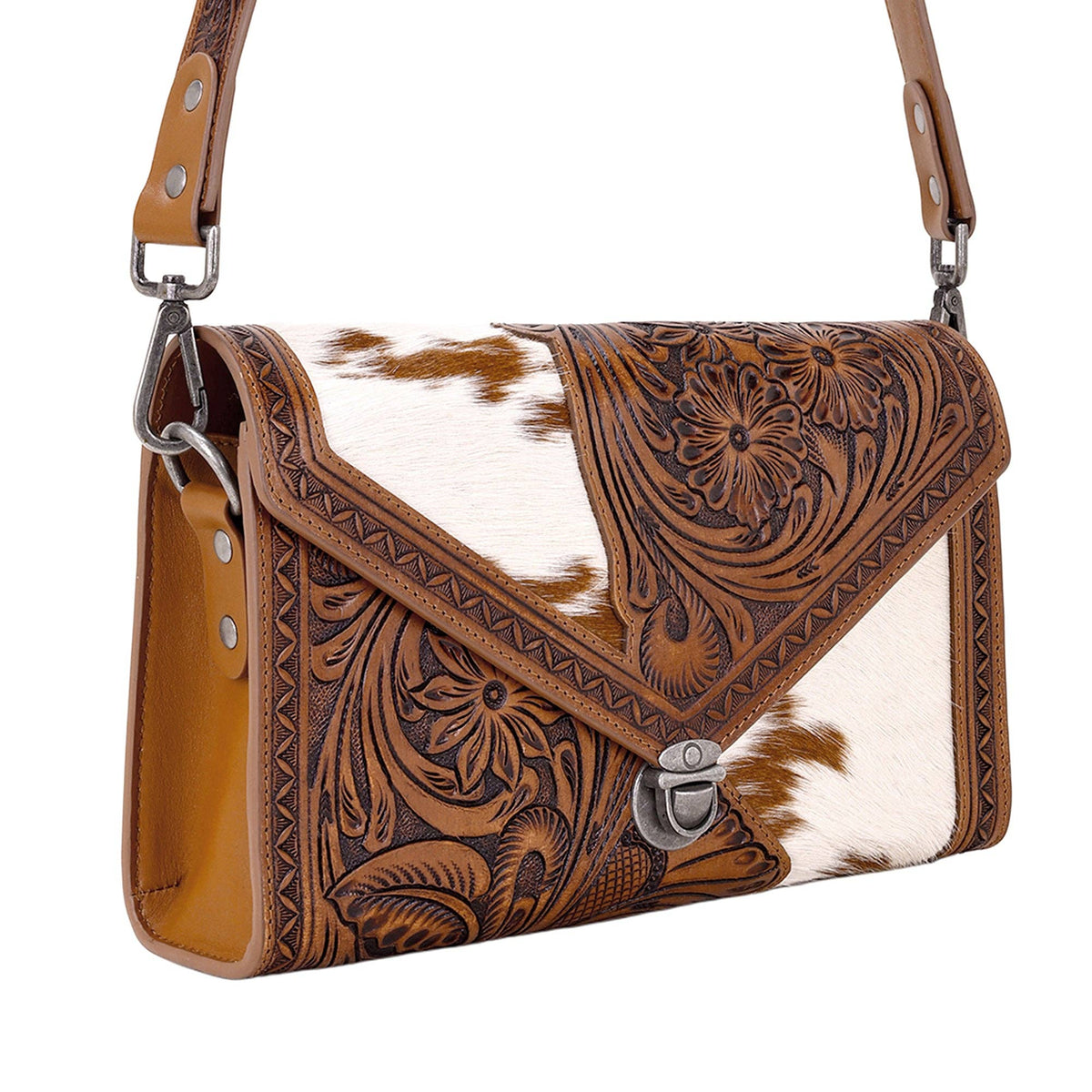Circe Hand Tooled Bag for Women in tan with hairon: Tan