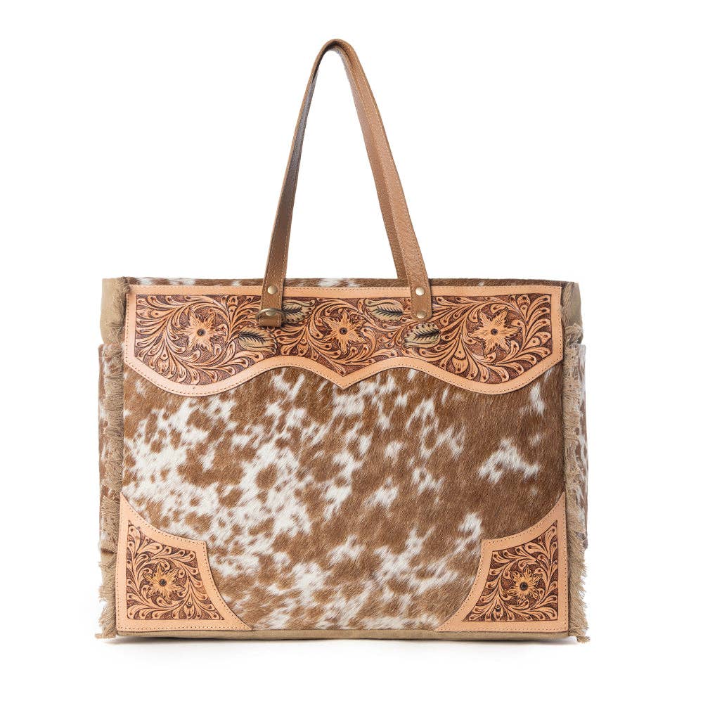 Cartwright Hand-Tooled Bag in Tan & White: Tan & White