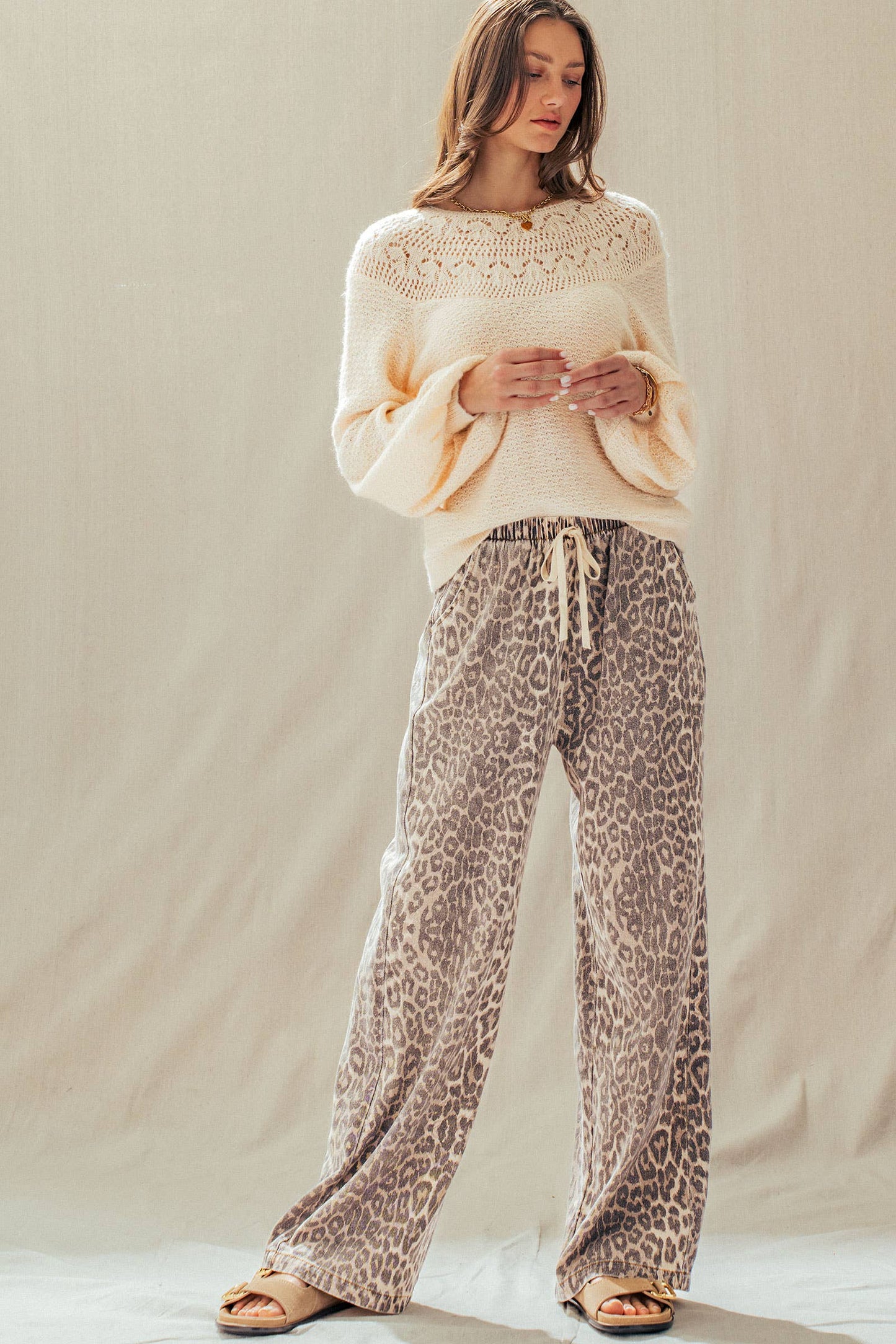 Leopard Print Wide Leg Cotton Pants Drawstring: LEOPARD / S-M-L:2-2-2