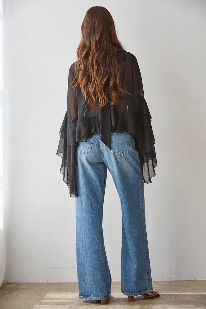 L9717 | Woven Polyester Chiffon See Through Top : Black / L