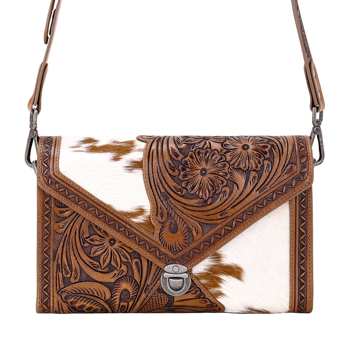 Circe Hand Tooled Bag for Women in tan with hairon: Tan