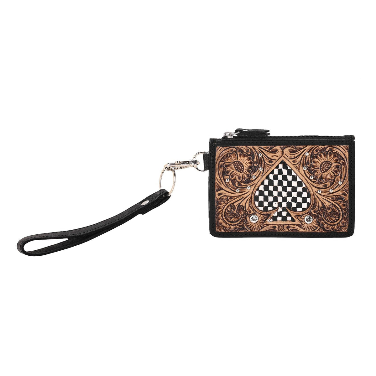 Hand Hewn Card Holder for Women in black with hand tooled spade: Black
