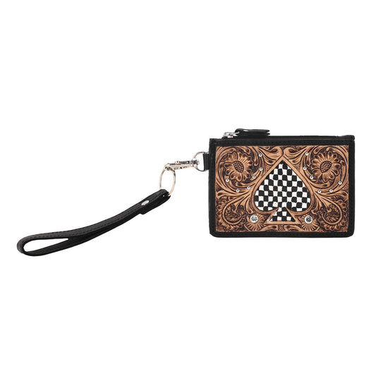 Hand Hewn Card Holder for Women in black with hand tooled spade: Black