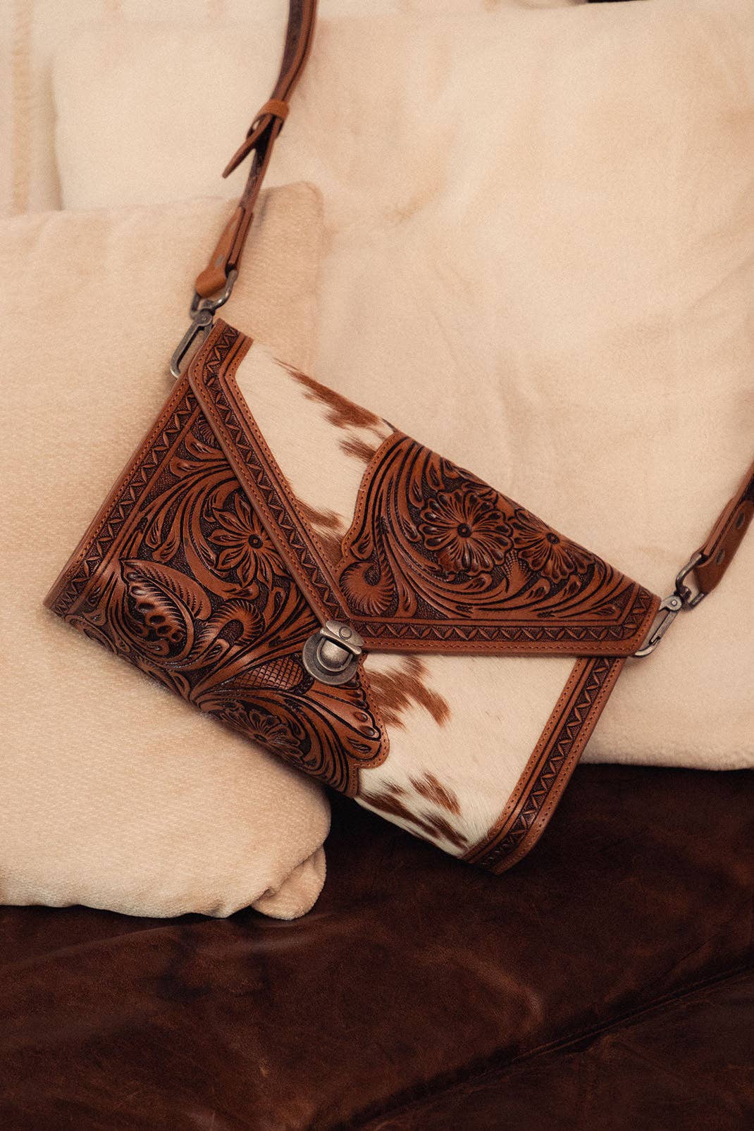 Circe Hand Tooled Bag for Women in tan with hairon: Tan