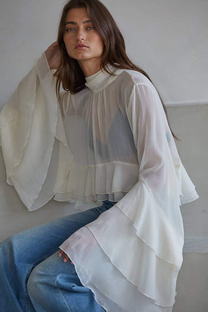 L9717 | Woven Polyester Chiffon See Through Top : Black / L