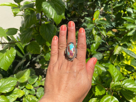 Large Adjustable Two-Tone Natural Turquoise with Spiny Oyster Ring | Silver Overlay Brass Bohemian Fashion Ring, Hammered Protection Jewelry: #1- Ring