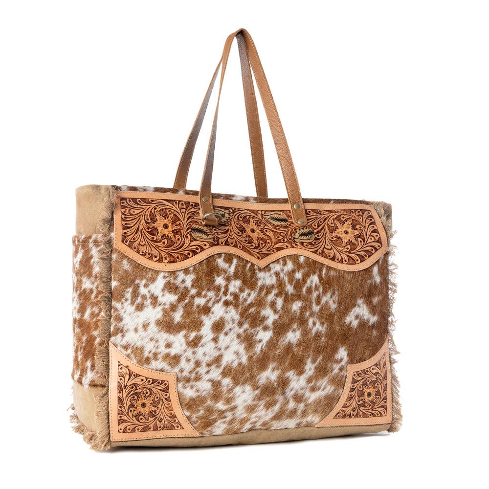Cartwright Hand-Tooled Bag in Tan & White: Tan & White