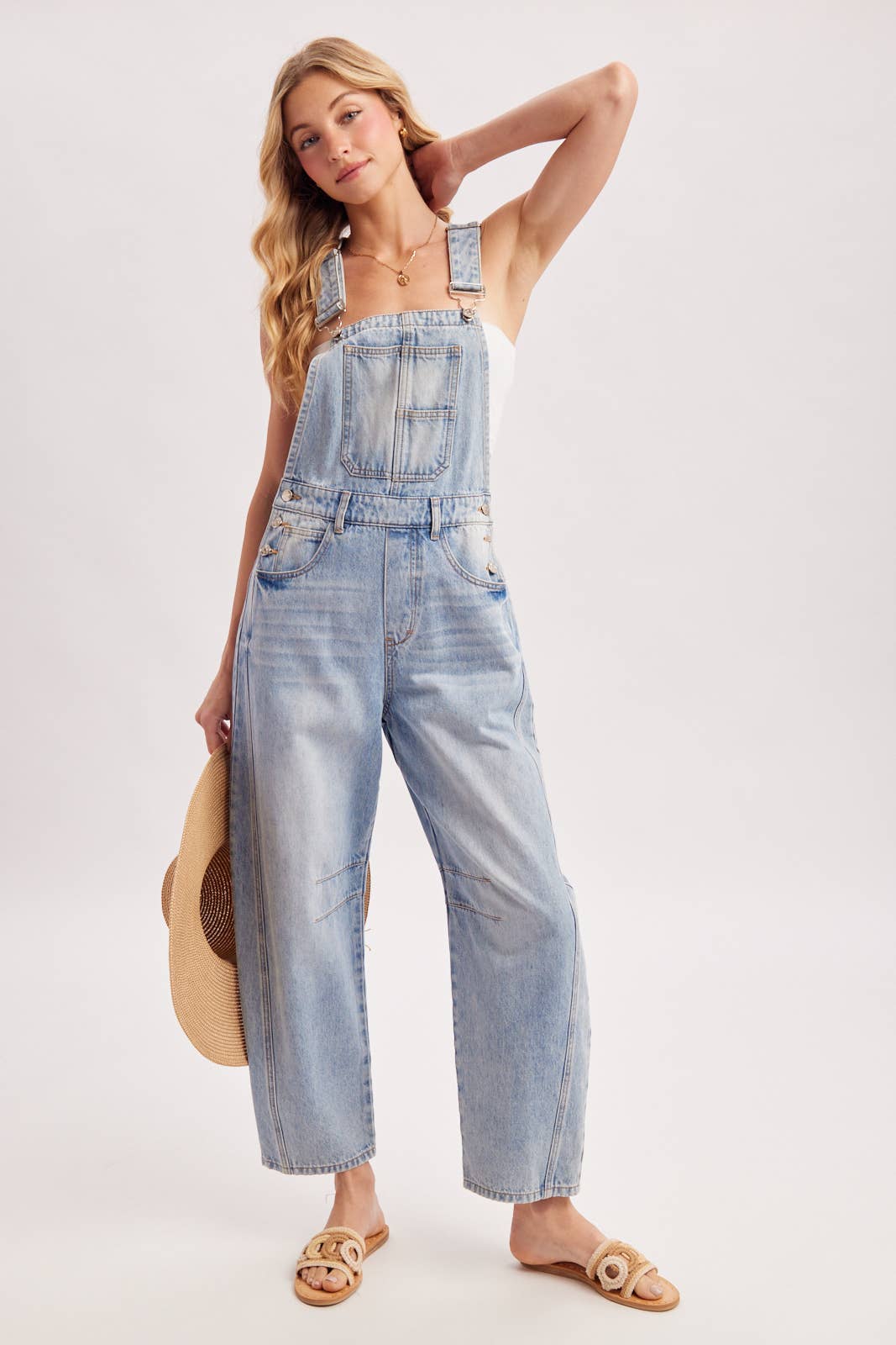 DENIM BARREL OVERALLS: MED.WASH / L