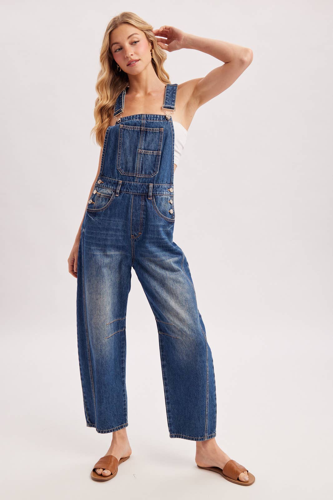 DENIM BARREL OVERALLS: MED.WASH / L