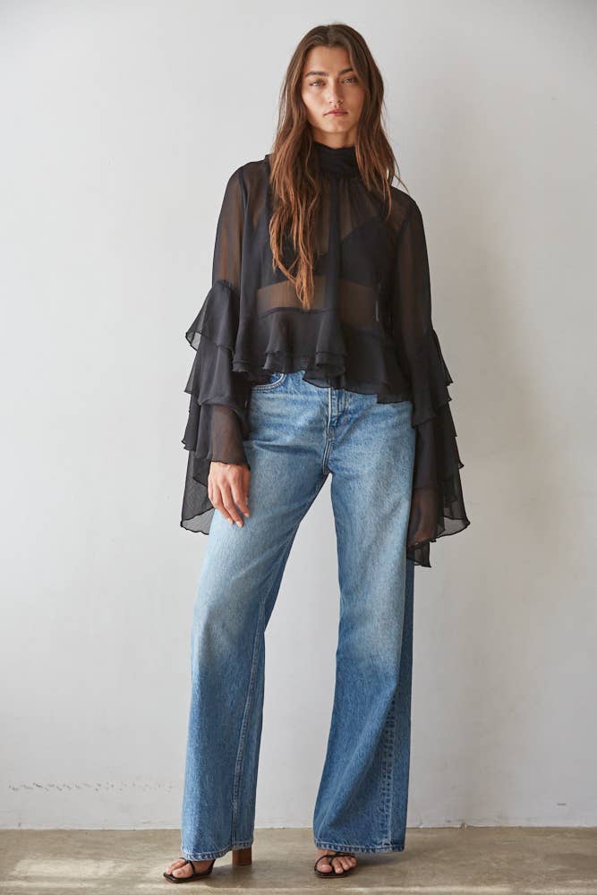 L9717 | Woven Polyester Chiffon See Through Top : Black / L