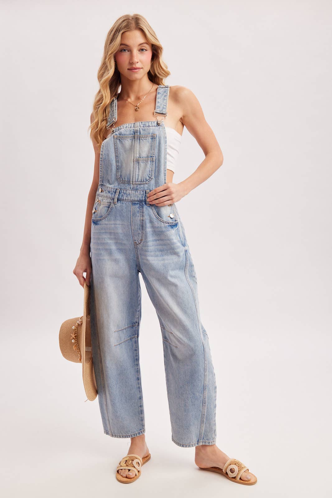 DENIM BARREL OVERALLS: MED.WASH / L
