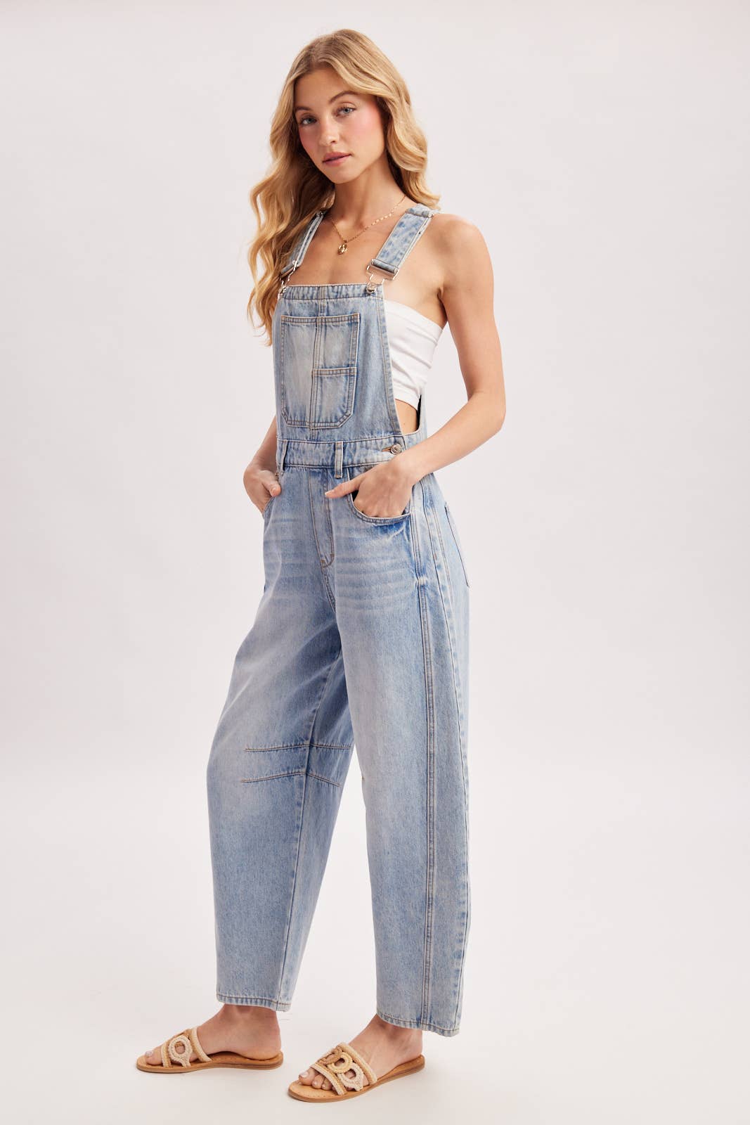 DENIM BARREL OVERALLS: MED.WASH / L