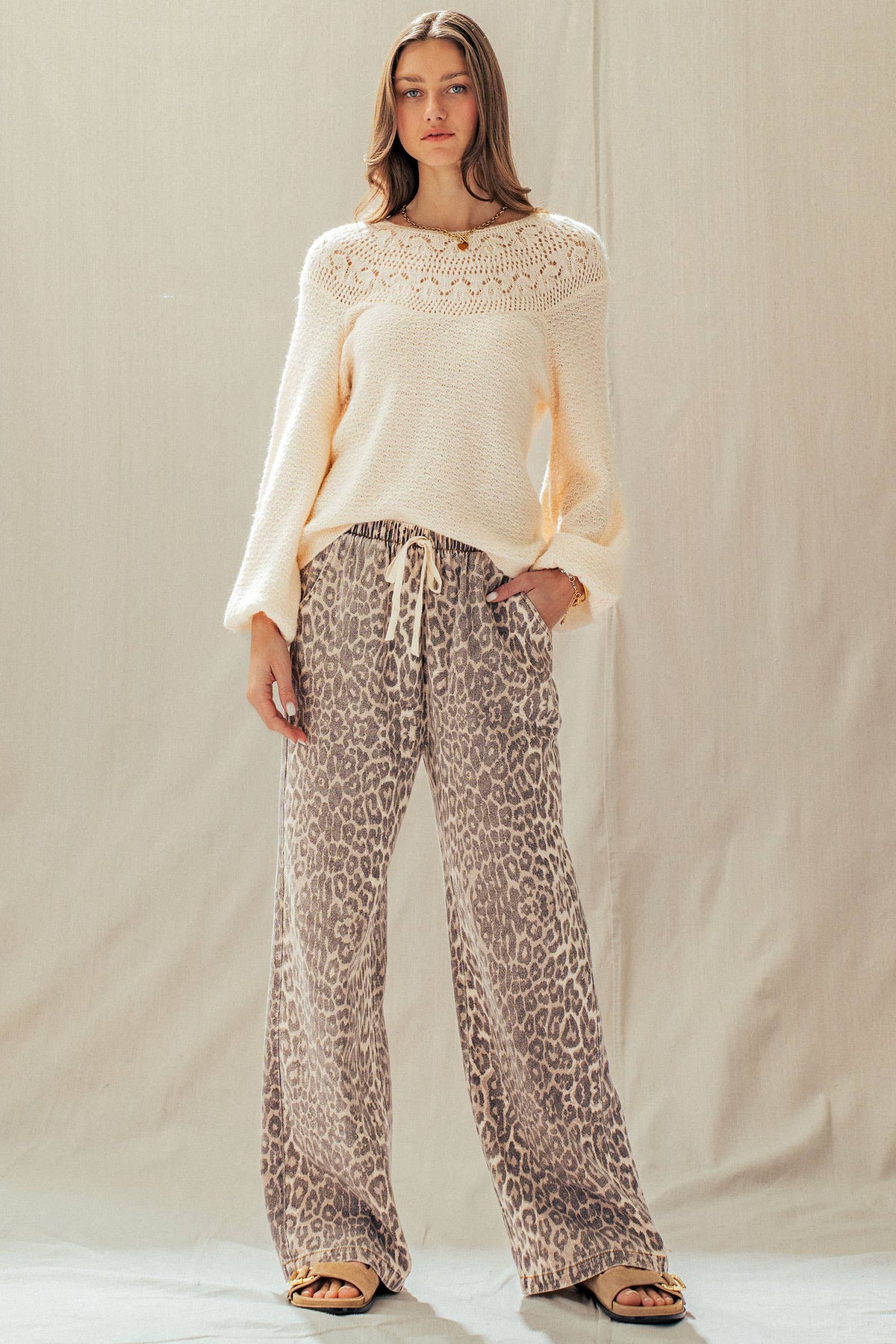 Leopard Print Wide Leg Cotton Pants Drawstring: LEOPARD / S-M-L:2-2-2