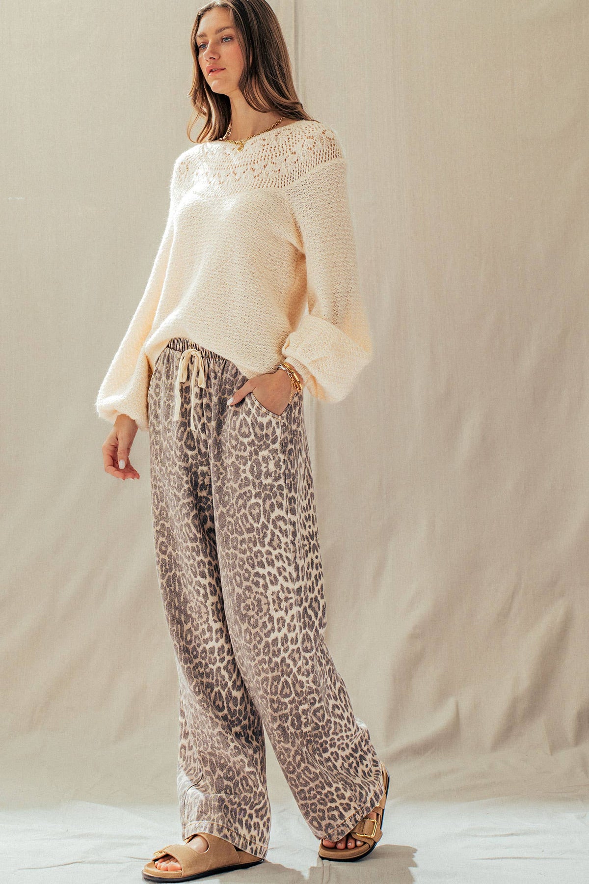 Leopard Print Wide Leg Cotton Pants Drawstring: LEOPARD / S-M-L:2-2-2