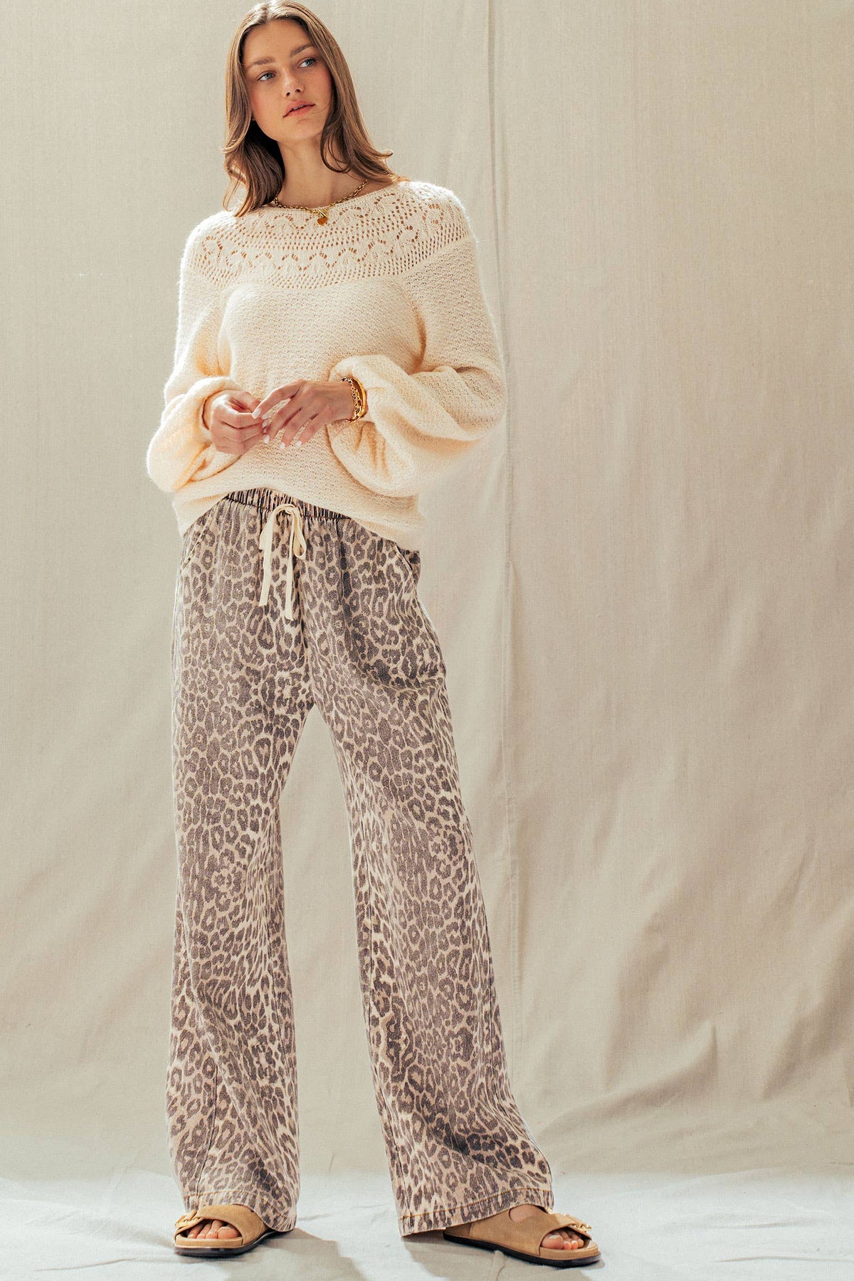 Leopard Print Wide Leg Cotton Pants Drawstring: LEOPARD / S-M-L:2-2-2