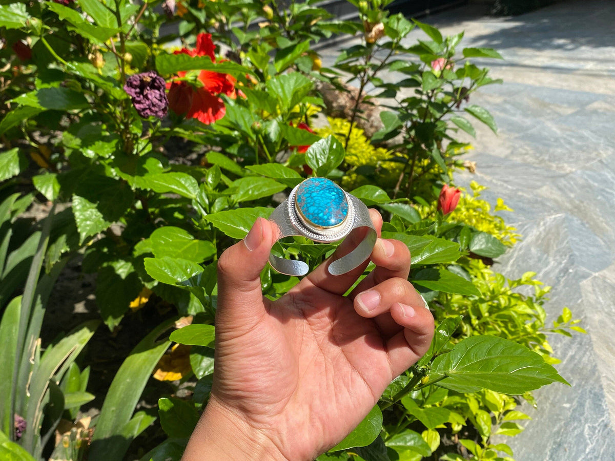 Adjustable Turquoise Natural Stone Wide Band Cuff,  Brushed Gold with Silver Overlay, Hammered Bracelet, Wide Cuff, Handcrafted Jewelry.: #2- Cuff
