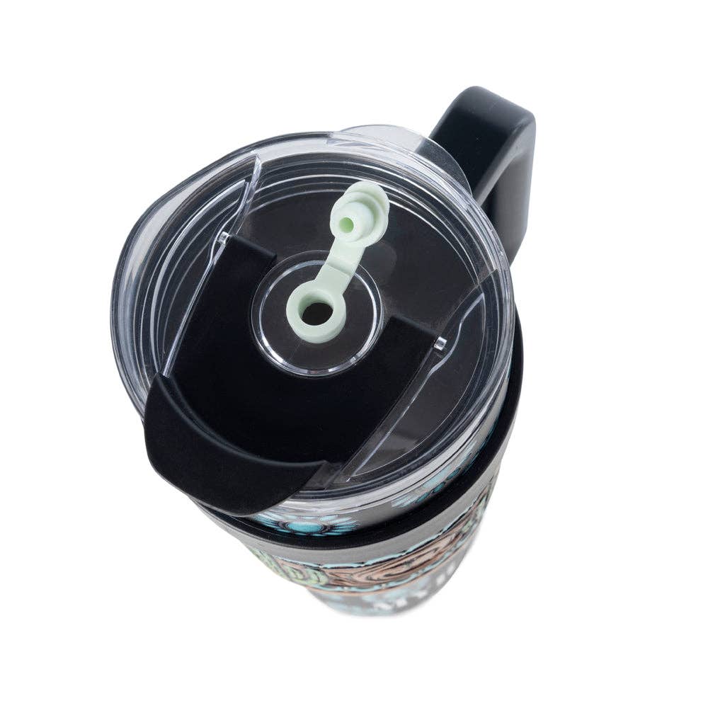 Concho Crest Western Tooled Tumbler in Black Stainless Steel with Leather Wrap and Handle: WITH TOOLING